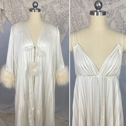 Vintage 1970's Peignoir Set | Lunar White Pleated Satin with Marabou Feather Trim | Size 34-38 Bust, S, M, LG | Odette Barsa - Daggers & Dames
