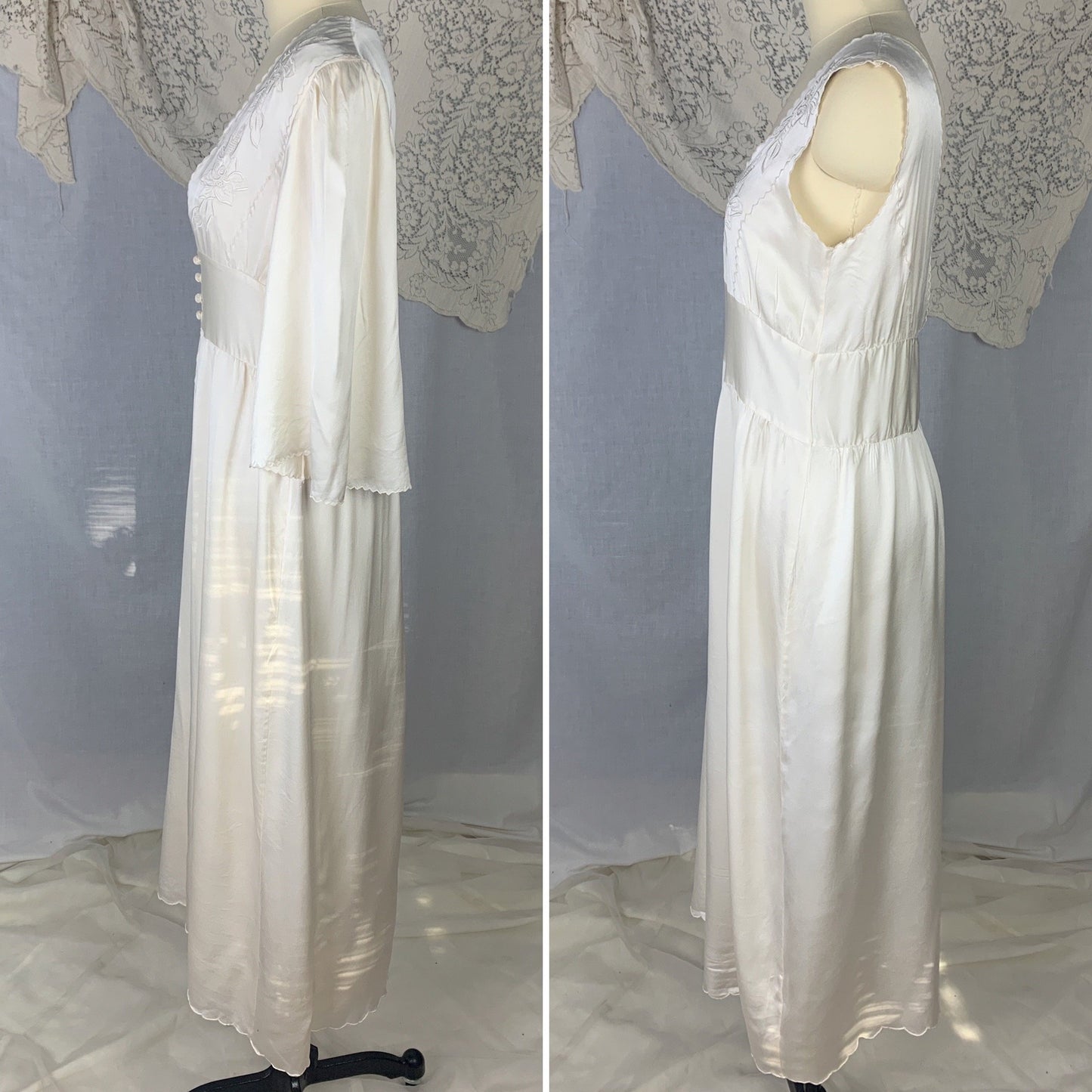 Vintage 1970's Peignoir Set | Snow White Silk Satin with Rose Embroidery | Size M | Peony, Shanghai China - Daggers & Dames