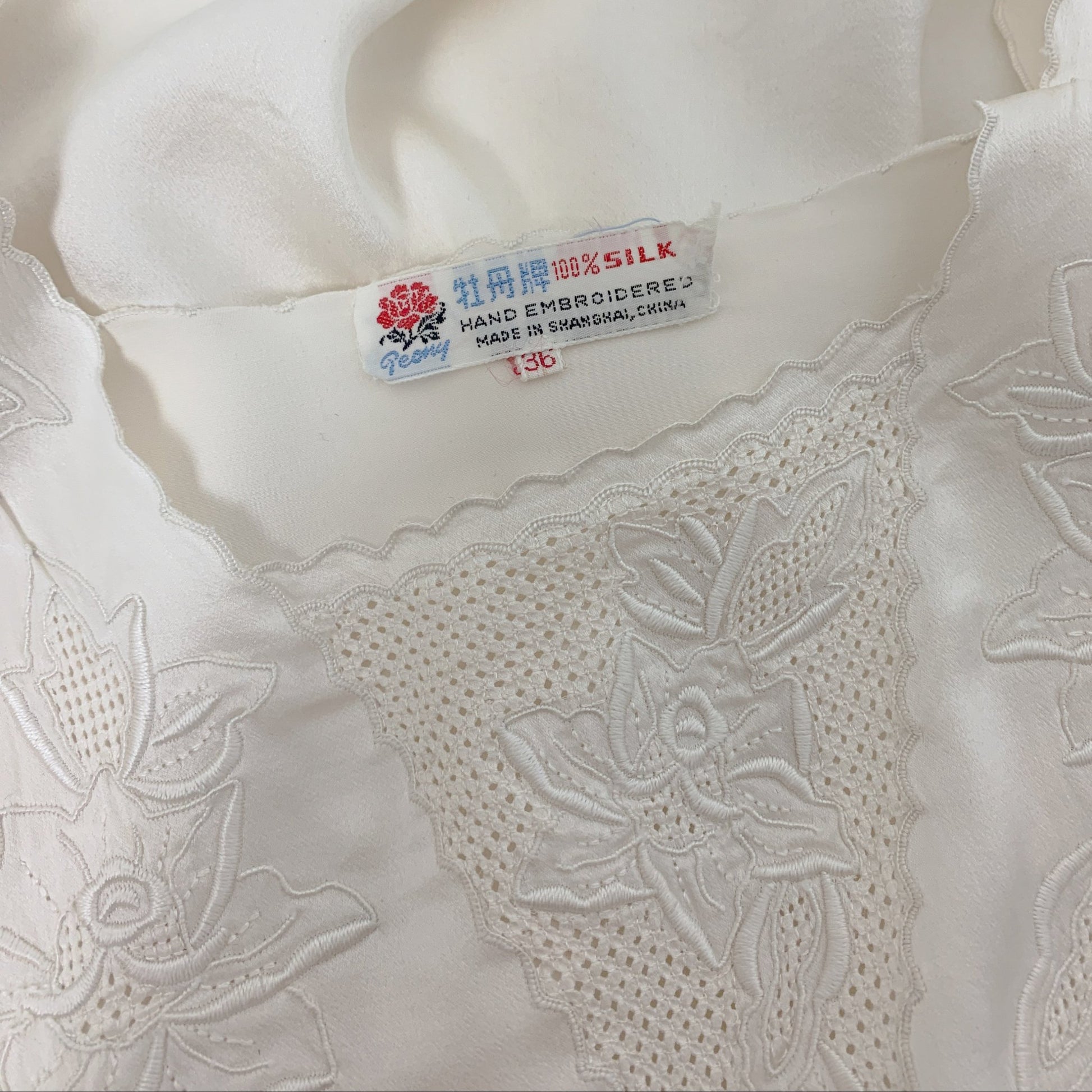 Vintage 1970's Peignoir Set | Snow White Silk Satin with Rose Embroidery | Size M | Peony, Shanghai China - Daggers & Dames