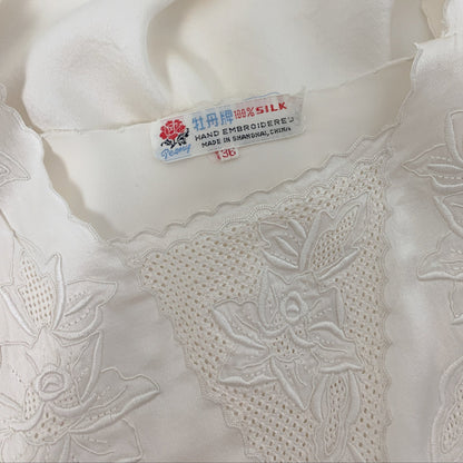 Vintage 1970's Peignoir Set | Snow White Silk Satin with Rose Embroidery | Size M | Peony, Shanghai China - Daggers & Dames