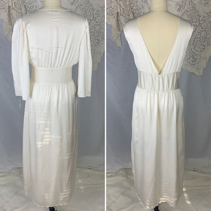 Vintage 1970's Peignoir Set | Snow White Silk Satin with Rose Embroidery | Size M | Peony, Shanghai China - Daggers & Dames