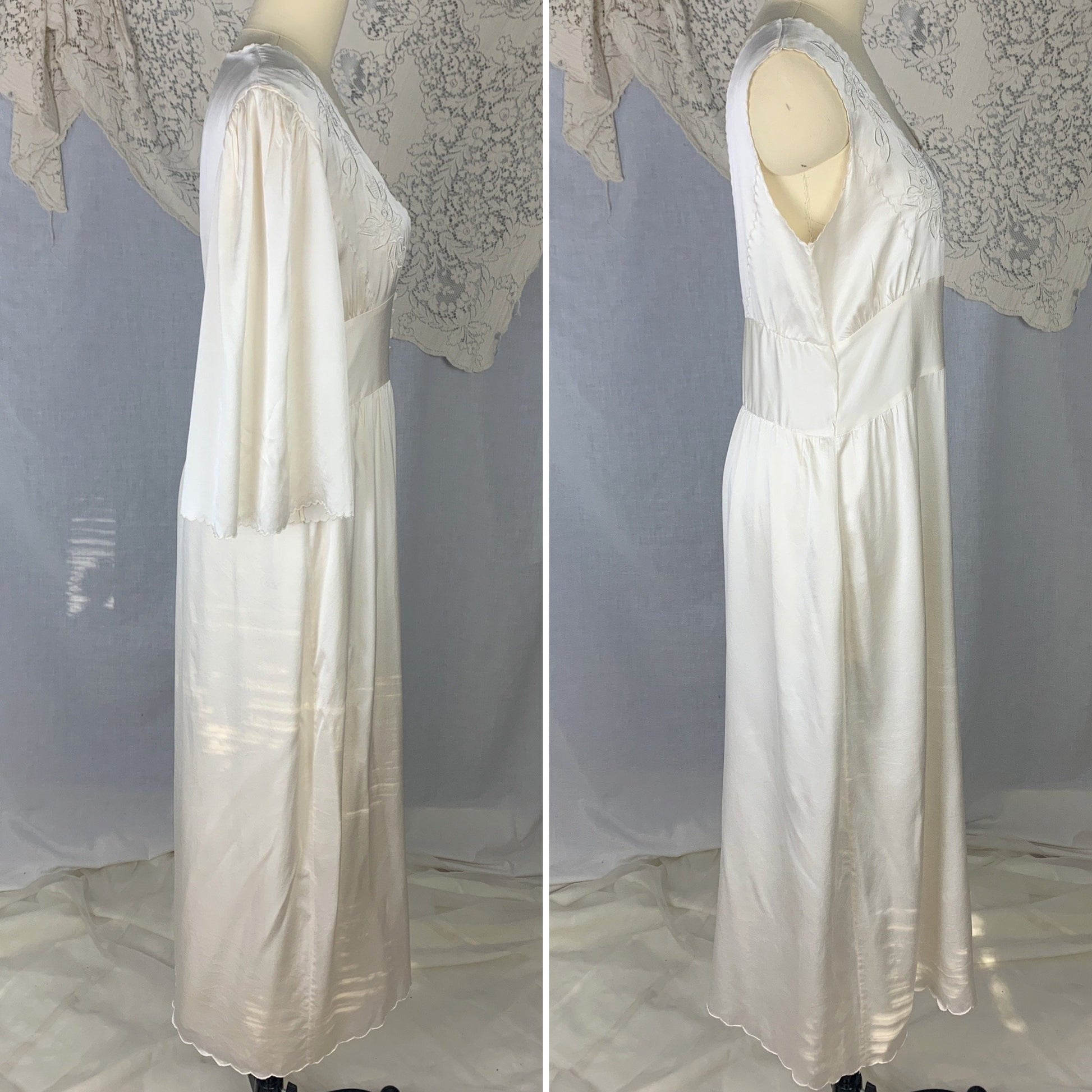 Vintage 1970's Peignoir Set | Snow White Silk Satin with Rose Embroidery | Size M | Peony, Shanghai China - Daggers & Dames