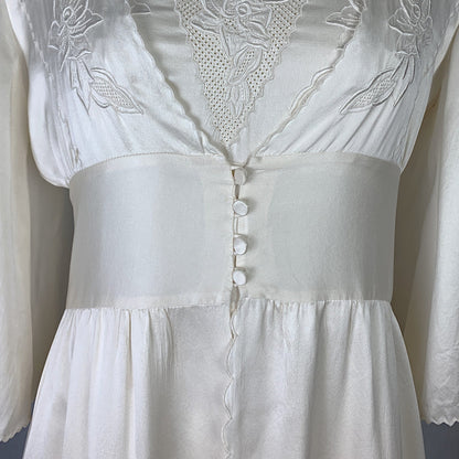 Vintage 1970's Peignoir Set | Snow White Silk Satin with Rose Embroidery | Size M | Peony, Shanghai China - Daggers & Dames