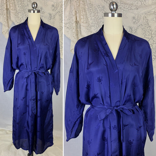 Vintage 1970's Robe | Indigo Blue Floral Bamboo Damask with Embroidery | Size S, M | Golden Bee - Daggers & Dames