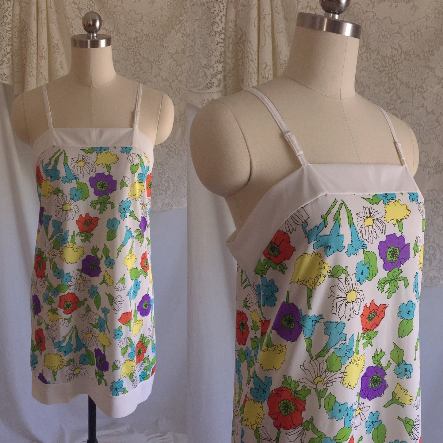 Vintage 1970's Slip | White Nylon with Watercolor Floral Pattern | Warner's | Size S, M - Daggers & Dames