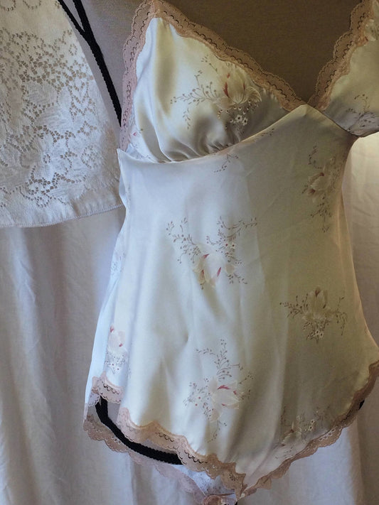 Vintage 1970's Teddy Romper | Silky Ivory Polyester with Floral Pattern | Bridal Lingerie| Val Mode | Size SM - Daggers & Dames