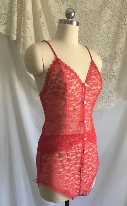 Vintage 1980's Pajama Set | Size XS | Sheer Bright Red Lace with White Buttons & Satin Bows - Daggers & Dames