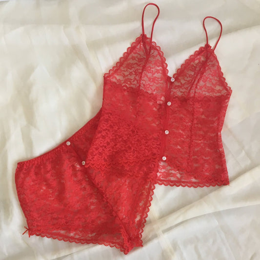 Vintage 1980's Pajama Set | Size XS | Sheer Bright Red Lace with White Buttons & Satin Bows - Daggers & Dames