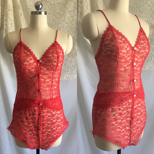 Vintage 1980's Pajama Set | Size XS | Sheer Bright Red Lace with White Buttons & Satin Bows - Daggers & Dames