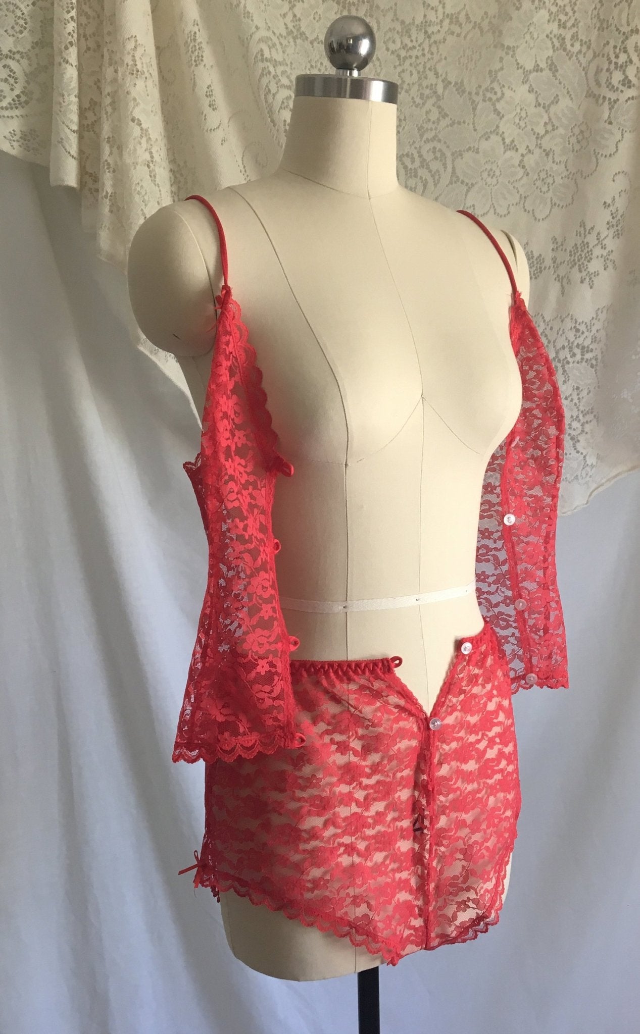 Vintage 1980's Pajama Set | Size XS | Sheer Bright Red Lace with White Buttons & Satin Bows - Daggers & Dames