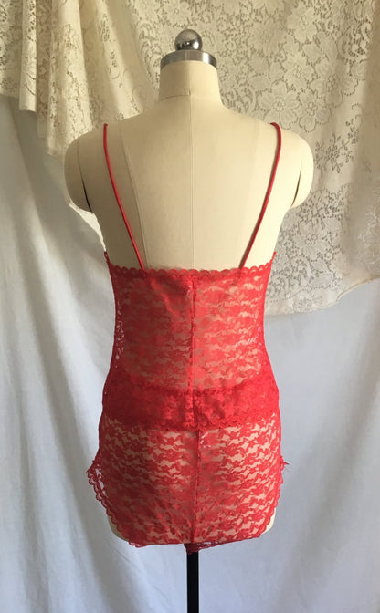 Vintage 1980's Pajama Set | Size XS | Sheer Bright Red Lace with White Buttons & Satin Bows - Daggers & Dames