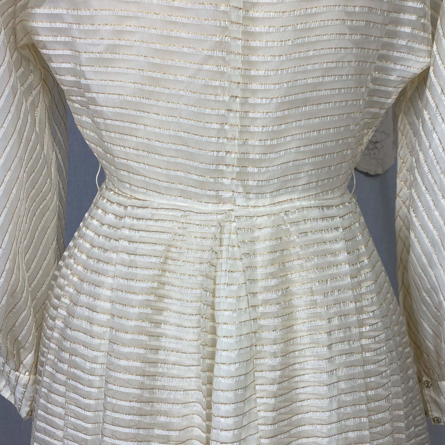 Vintage Hostess Gown - 1950's | White Organza with Gold Pinsripes & Pussy Bow | Size XS, S | Maxan - Daggers & Dames
