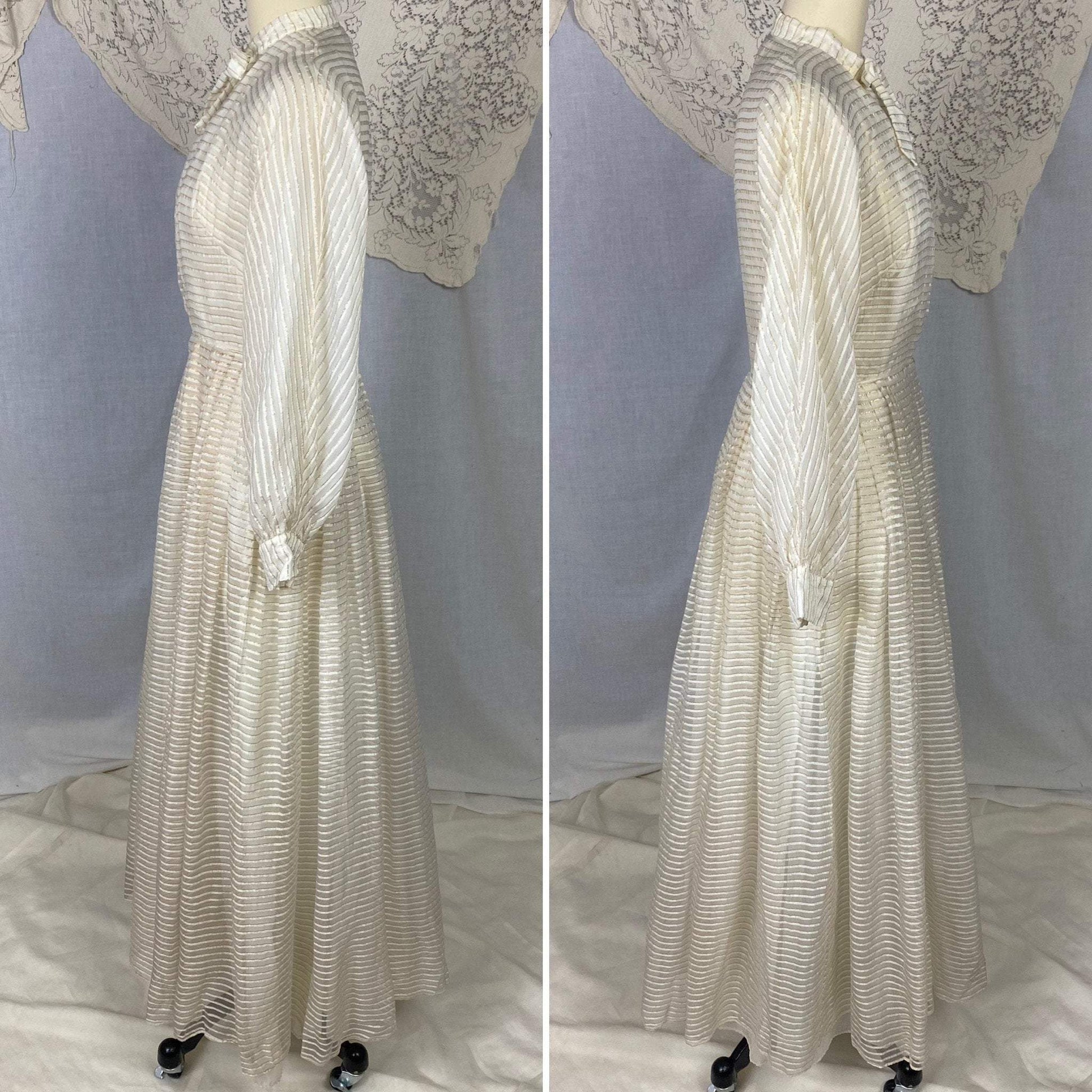 Vintage Hostess Gown - 1950's | White Organza with Gold Pinsripes & Pussy Bow | Size XS, S | Maxan - Daggers & Dames