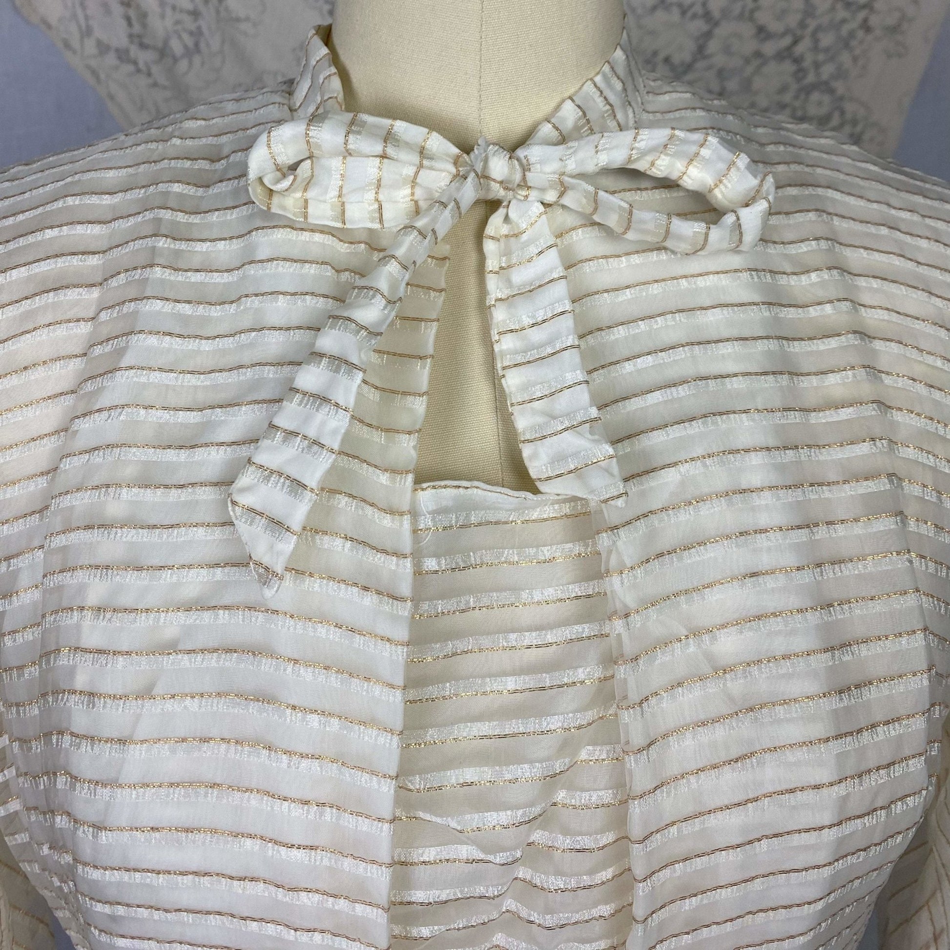 Vintage Hostess Gown - 1950's | White Organza with Gold Pinsripes & Pussy Bow | Size XS, S | Maxan - Daggers & Dames