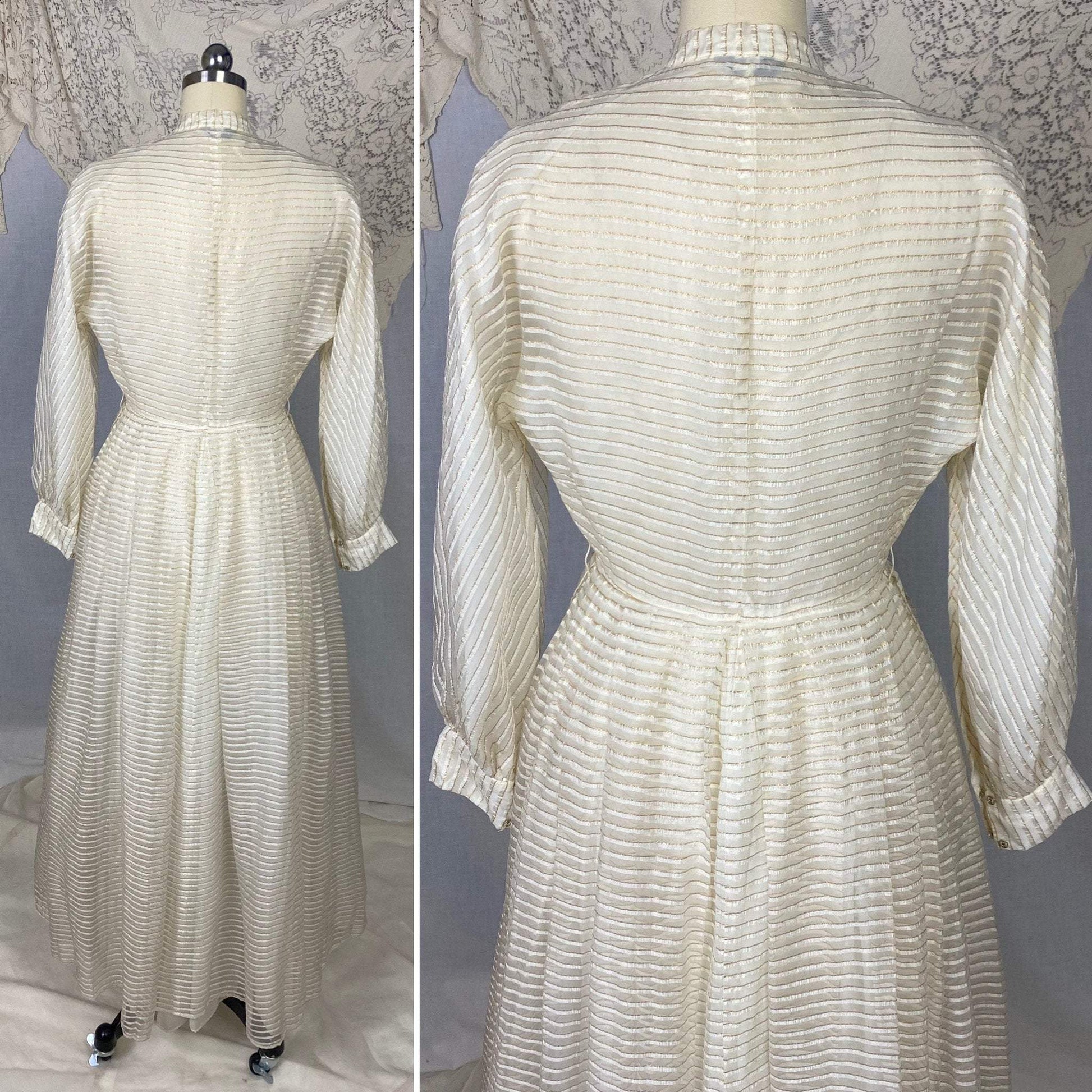 Vintage Hostess Gown - 1950's | White Organza with Gold Pinsripes & Pussy Bow | Size XS, S | Maxan - Daggers & Dames