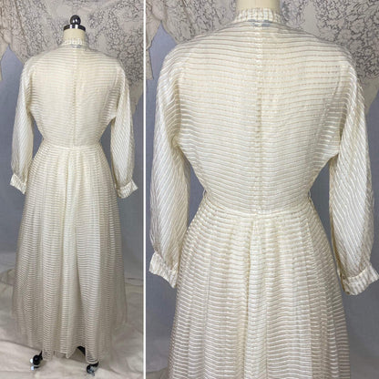 Vintage Hostess Gown - 1950's | White Organza with Gold Pinsripes & Pussy Bow | Size XS, S | Maxan - Daggers & Dames