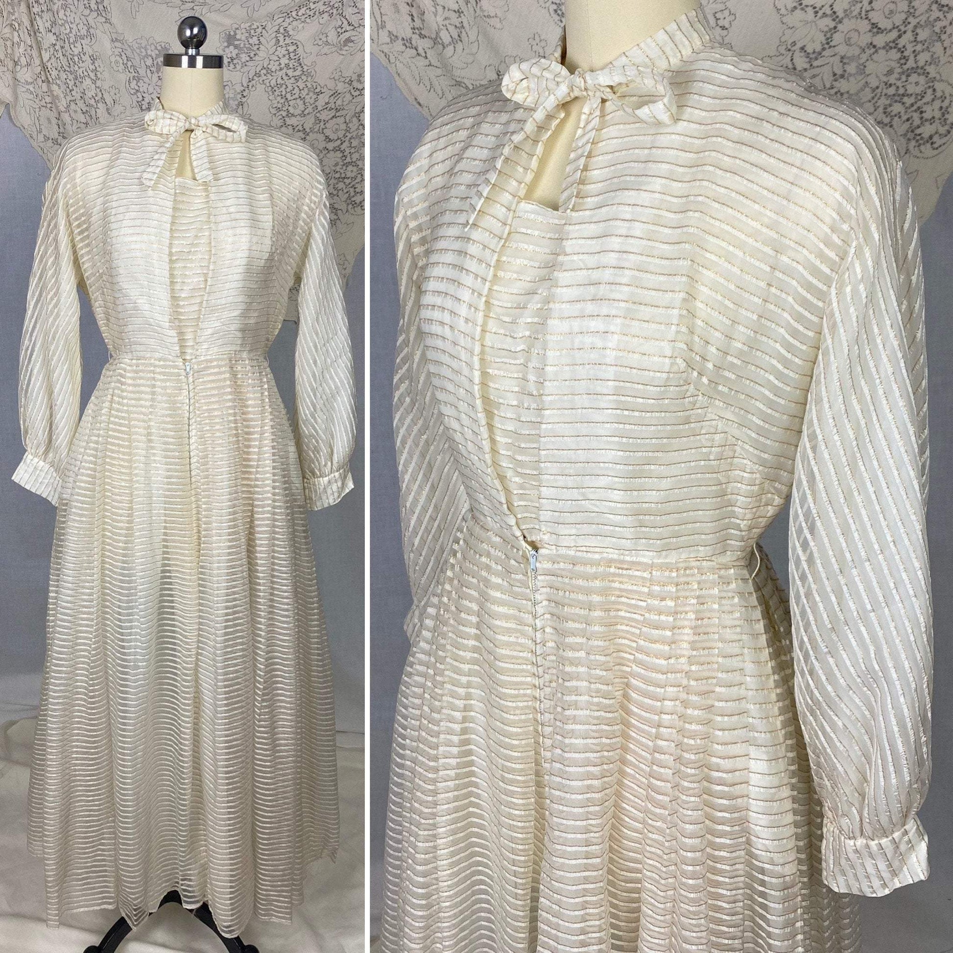 Vintage Hostess Gown - 1950's | White Organza with Gold Pinsripes & Pussy Bow | Size XS, S | Maxan - Daggers & Dames