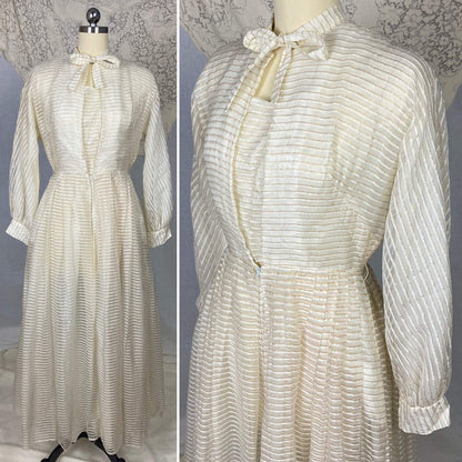 Vintage Hostess Gown - 1950's | White Organza with Gold Pinsripes & Pussy Bow | Size XS, S | Maxan - Daggers & Dames