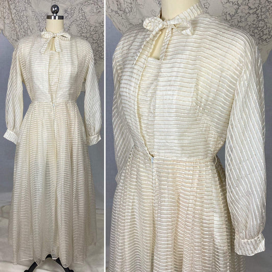 Vintage Hostess Gown - 1950's | White Organza with Gold Pinsripes & Pussy Bow | Size XS, S | Maxan - Daggers & Dames