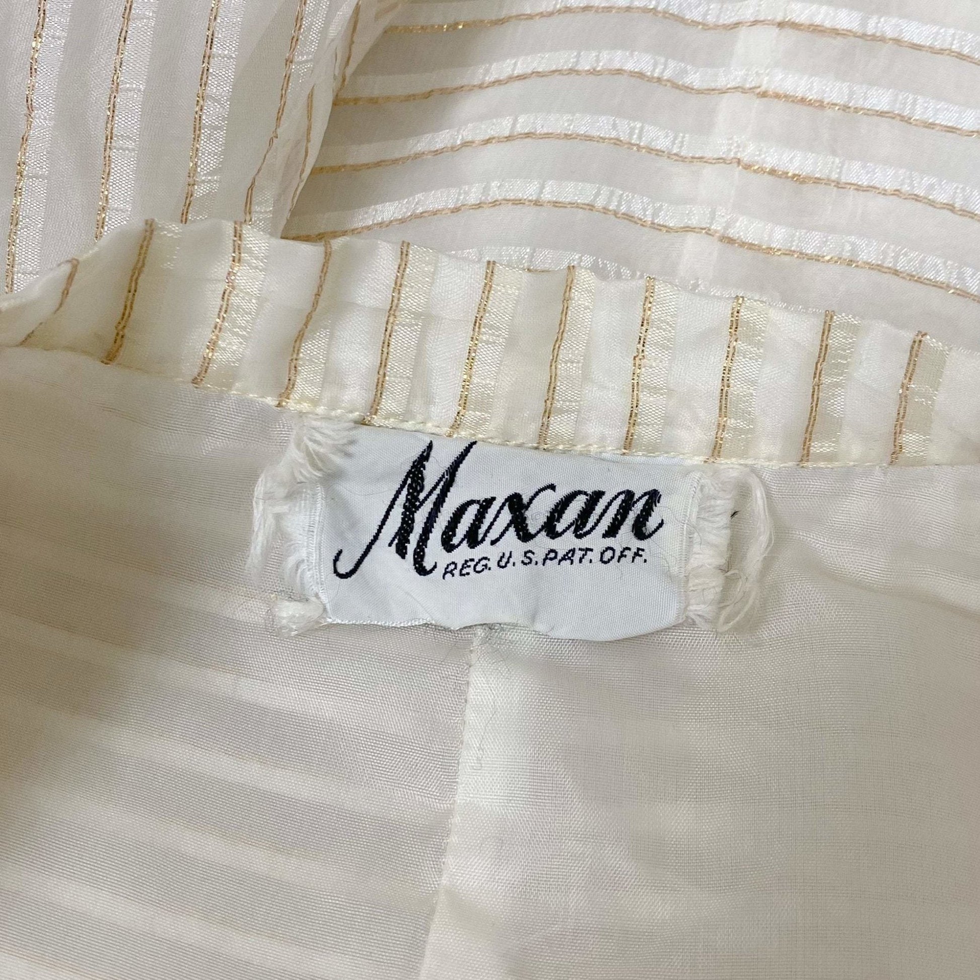 Vintage Hostess Gown - 1950's | White Organza with Gold Pinsripes & Pussy Bow | Size XS, S | Maxan - Daggers & Dames