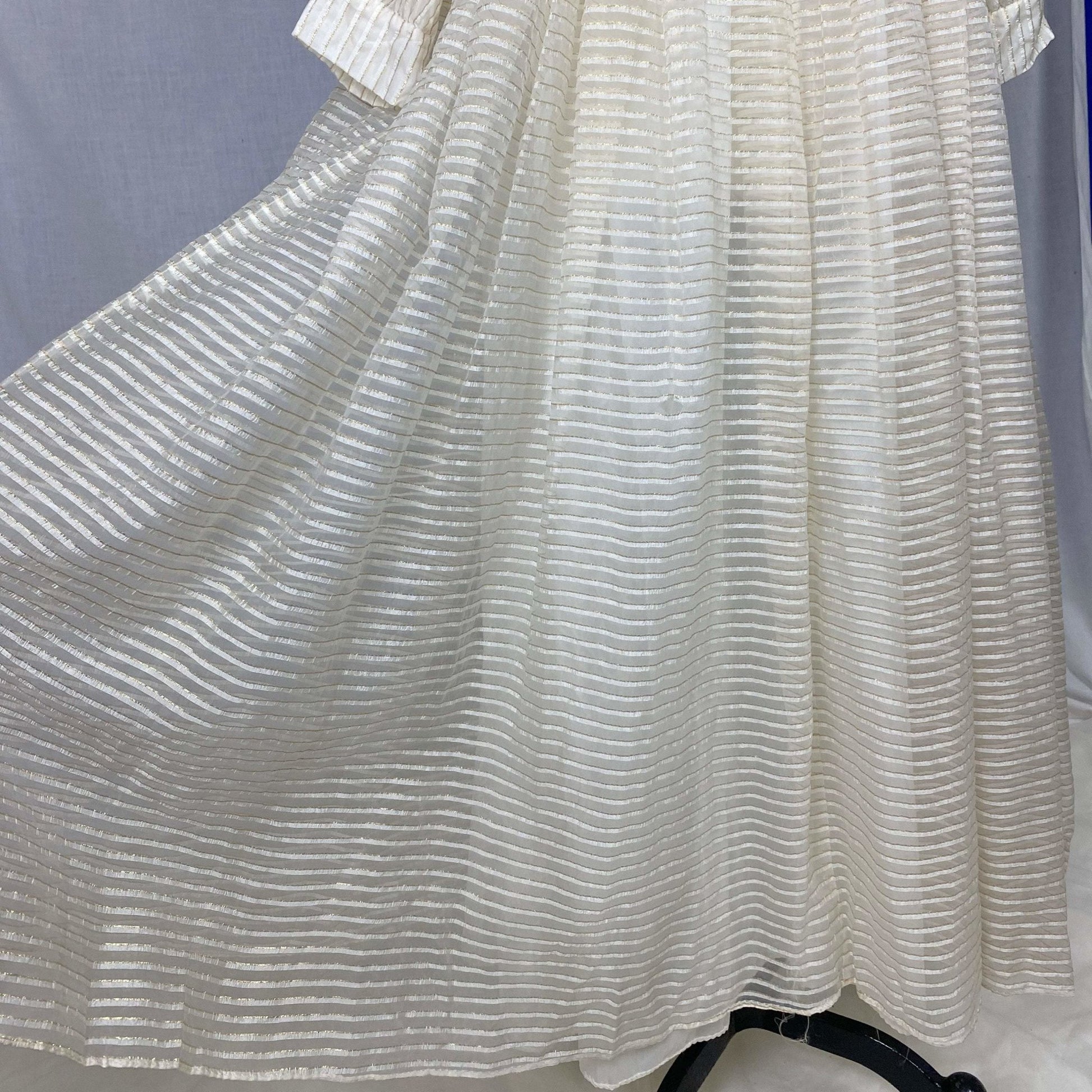 Vintage Hostess Gown - 1950's | White Organza with Gold Pinsripes & Pussy Bow | Size XS, S | Maxan - Daggers & Dames
