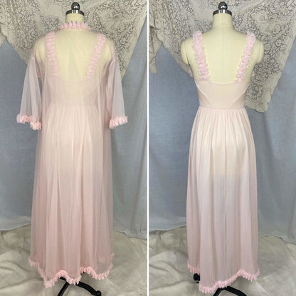 Vintage Peignoir Set | Princess Pink Nylon Chiffon with Ruffles | Size XS, S | Pandora Lingerie - Daggers & Dames