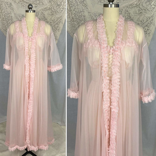 Vintage Peignoir Set | Princess Pink Nylon Chiffon with Ruffles | Size XS, S | Pandora Lingerie - Daggers & Dames