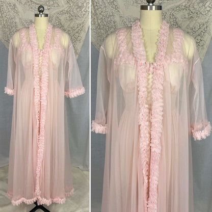 Vintage Peignoir Set | Princess Pink Nylon Chiffon with Ruffles | Size XS, S | Pandora Lingerie - Daggers & Dames