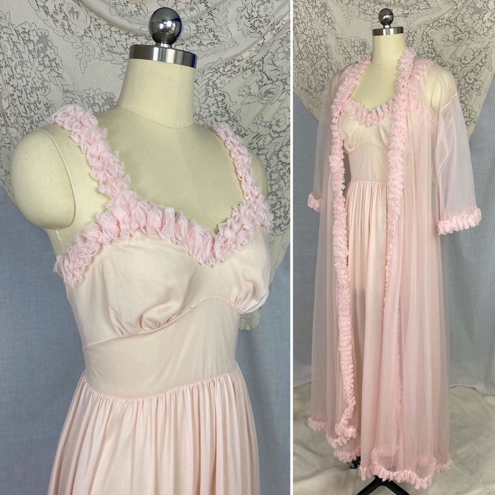 Vintage Peignoir Set | Princess Pink Nylon Chiffon with Ruffles | Size XS, S | Pandora Lingerie - Daggers & Dames