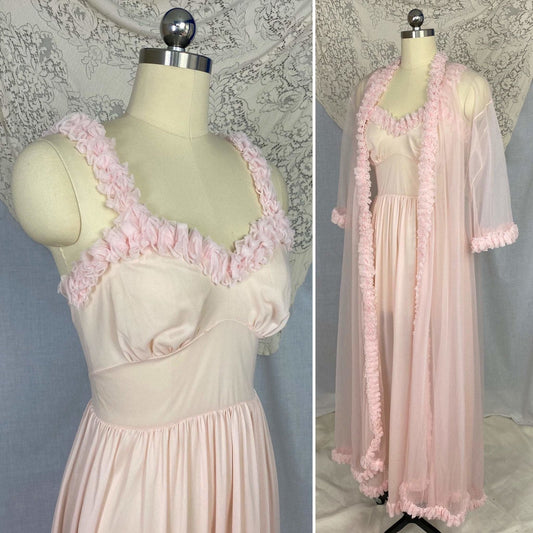 Vintage Peignoir Set | Princess Pink Nylon Chiffon with Ruffles | Size XS, S | Pandora Lingerie - Daggers & Dames