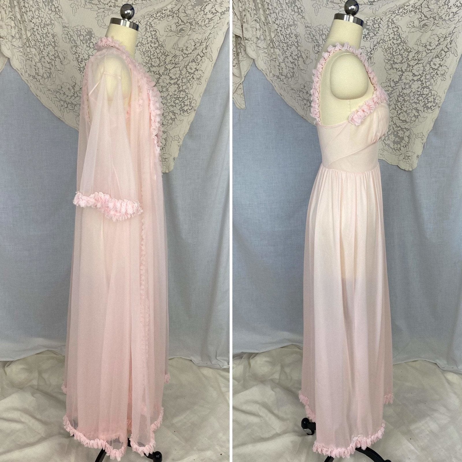 Vintage Peignoir Set | Princess Pink Nylon Chiffon with Ruffles | Size XS, S | Pandora Lingerie - Daggers & Dames