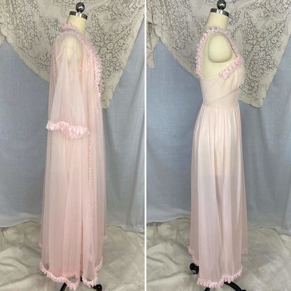 Vintage Peignoir Set | Princess Pink Nylon Chiffon with Ruffles | Size XS, S | Pandora Lingerie - Daggers & Dames