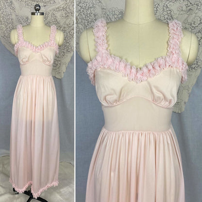 Vintage Peignoir Set | Princess Pink Nylon Chiffon with Ruffles | Size XS, S | Pandora Lingerie - Daggers & Dames