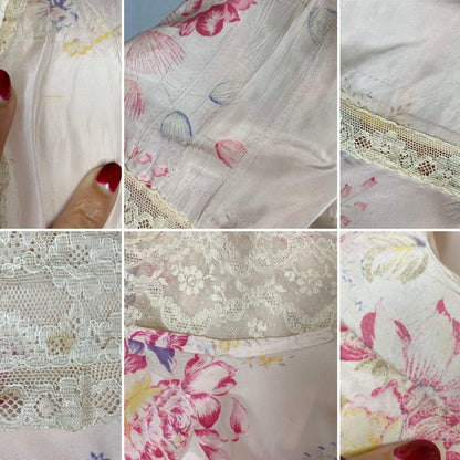 Vintage Robe - 1950's | Pale Rose Pink Taffeta with Bright Floral Print & Ivory Lace | Size XS Petite - Daggers & Dames