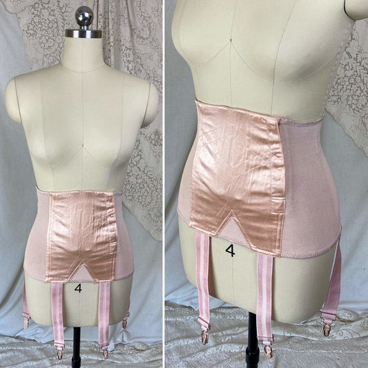 Vintage 's Waist Cincher Girdle | Powder Pink Rayon Satin & Elastic Mesh | Size XS, S | Ecila Made in France - Daggers & Dames