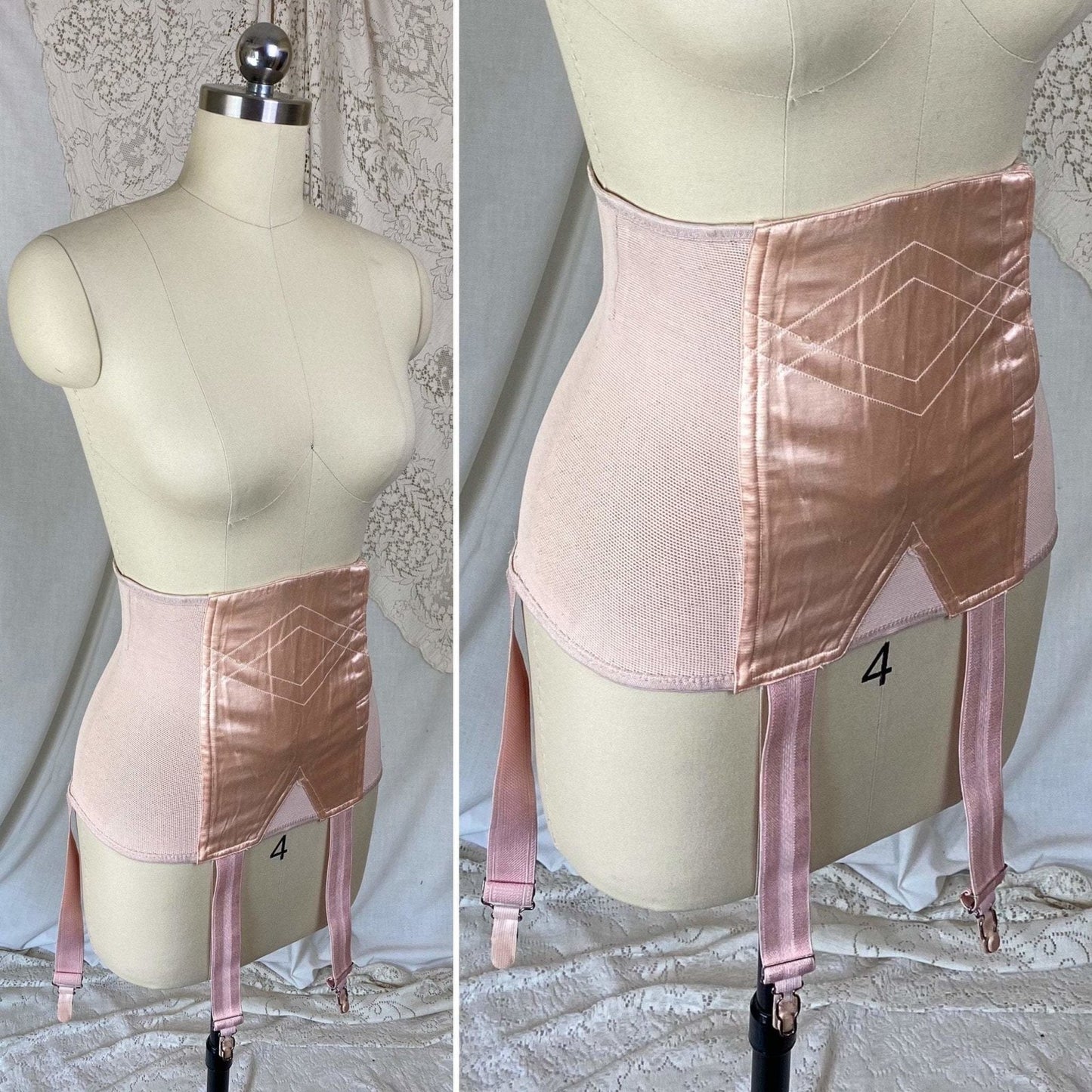 Vintage 's Waist Cincher Girdle | Powder Pink Rayon Satin & Elastic Mesh | Size XS, S | Ecila Made in France - Daggers & Dames