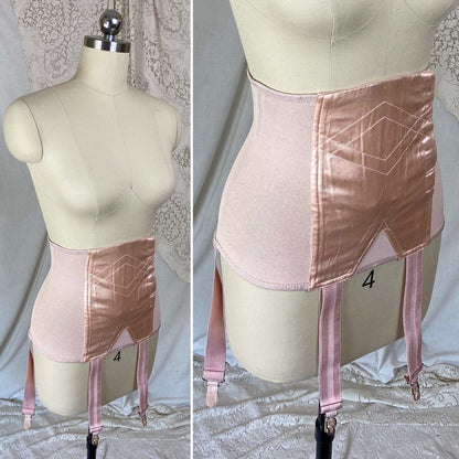 Vintage 's Waist Cincher Girdle | Powder Pink Rayon Satin & Elastic Mesh | Size XS, S | Ecila Made in France - Daggers & Dames