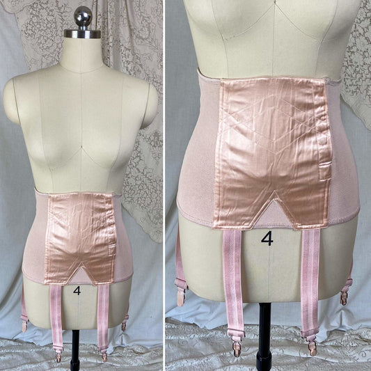 Vintage 's Waist Cincher Girdle | Powder Pink Rayon Satin & Elastic Mesh | Size XS, S | Ecila Made in France - Daggers & Dames