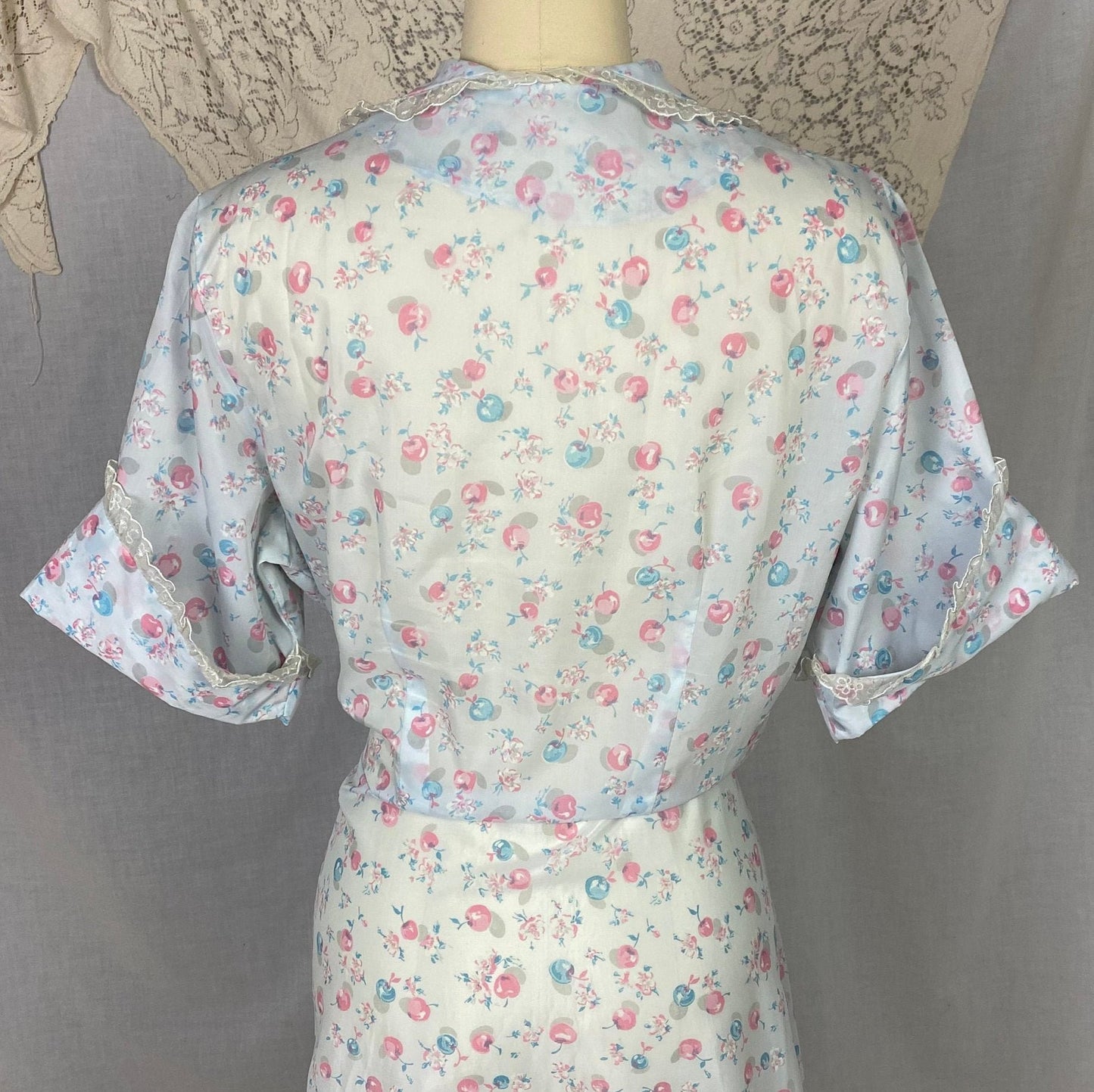 Vintage Seersucker Robe - 1950's | Semi Sheer Dusty Blue Nylon with Cherry Print & Chiffon Lace | Size LG, XLG - Daggers & Dames
