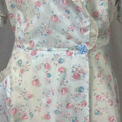 Vintage Seersucker Robe - 1950's | Semi Sheer Dusty Blue Nylon with Cherry Print & Chiffon Lace | Size LG, XLG - Daggers & Dames