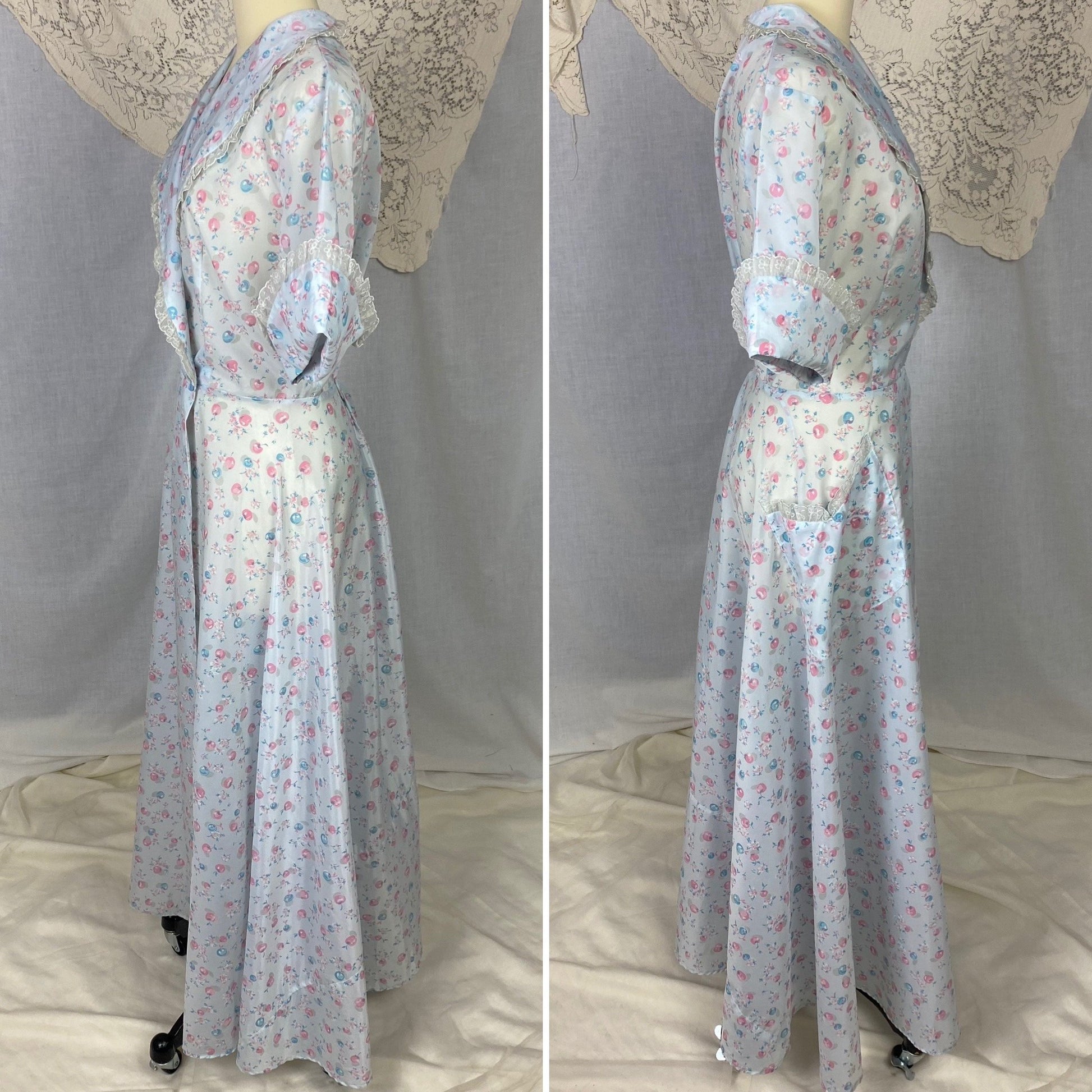 Vintage Seersucker Robe - 1950's | Semi Sheer Dusty Blue Nylon with Cherry Print & Chiffon Lace | Size LG, XLG - Daggers & Dames