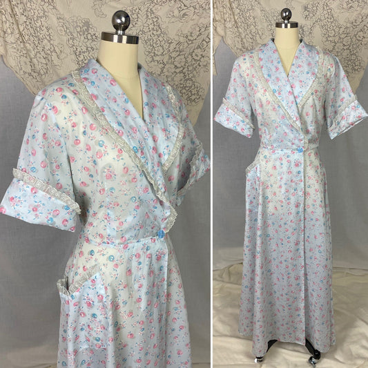Vintage Seersucker Robe - 1950's | Semi Sheer Dusty Blue Nylon with Cherry Print & Chiffon Lace | Size LG, XLG - Daggers & Dames